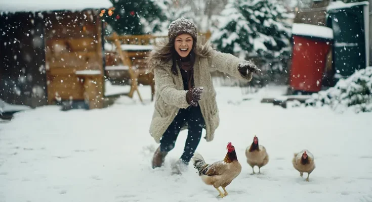 Woman chasing hens | Source: Midjourney