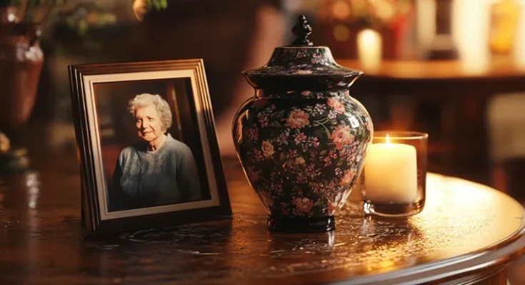 An older lady's framed photo and an urn on the table | Source: Midjourney