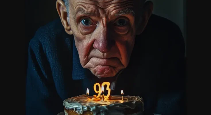 A sad older man looking at his 93rd birthday cake | Source: Midjourney