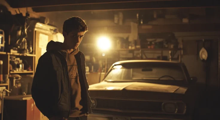 A teen boy near an old car in garage | Source: Midjourney
