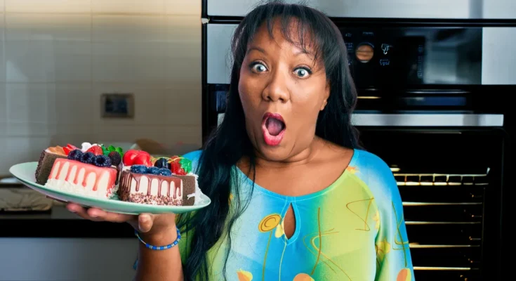 A startled woman holding a cake | Source: Shutterstock