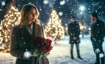 Woman holding a bunch of roses in the snowy-covered park while two men standing behind her | Source: Midjourney