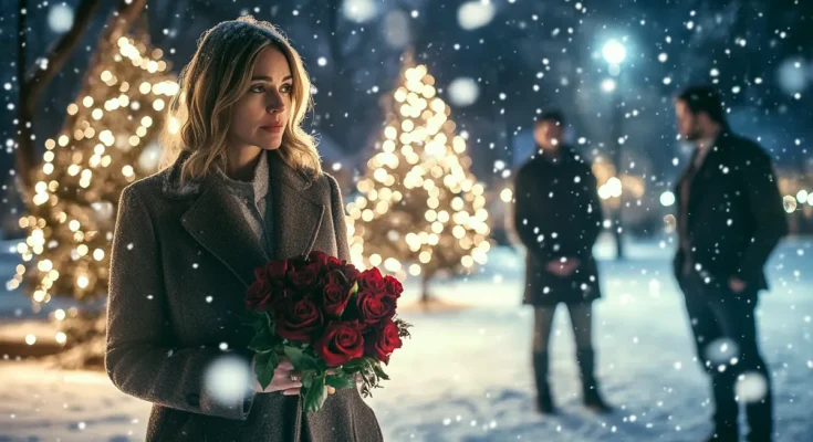 Woman holding a bunch of roses in the snowy-covered park while two men standing behind her | Source: Midjourney
