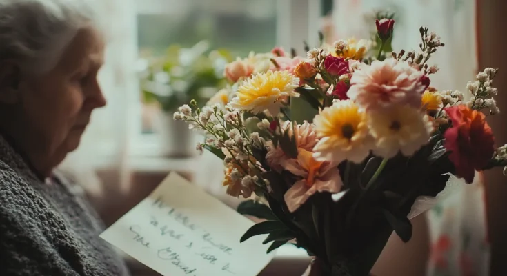 An old lady with a bouquet of flowers | Source: Midjourney