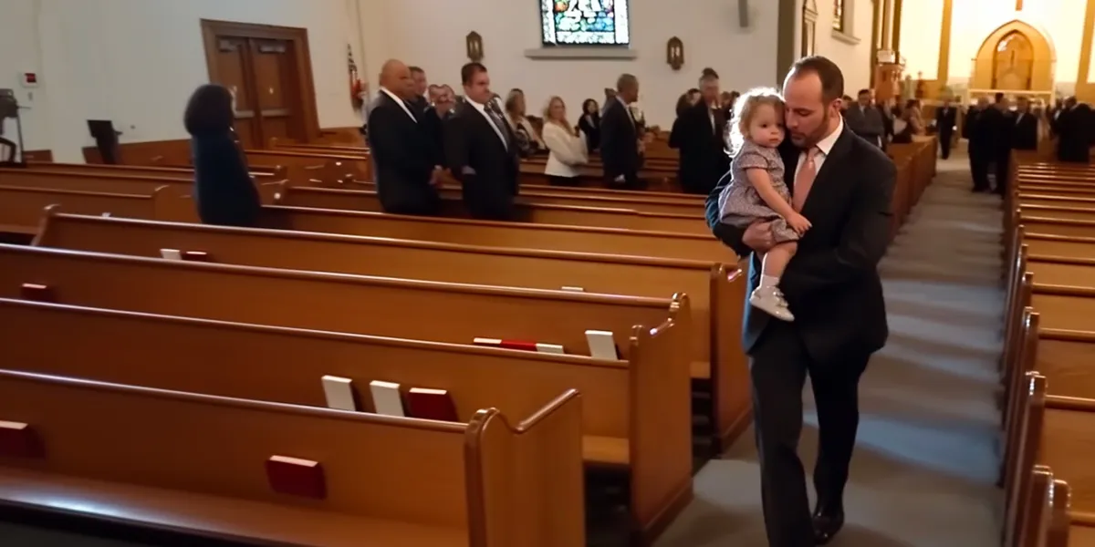 A man walking down a church aisle with a little girl in his arms | Source: Amomama