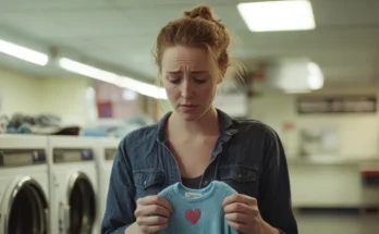 Confused woman holding a kid's sweater in a laundromat | Source: Midjourney