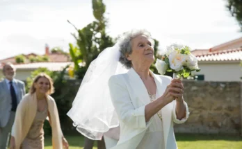 Elderly woman ready to toss her wedding bouquet | Source: Amomama