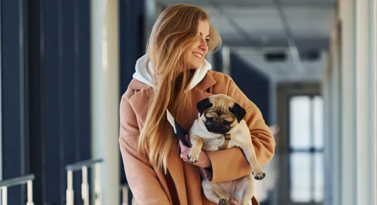 A smiling woman with a small dog | Source: Shutterstock
