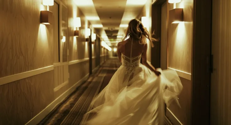 A bride racing down a hotel hallway | Source: Midjourney