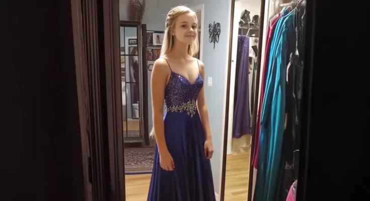 Teen girl in a sparkly blue dress, smiling in front of a mirror | Source: Getty Images