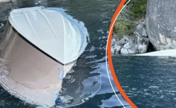 Overturned boat in open water | Same vessel near rocky shore | Source: YouTube/cbssacramento
