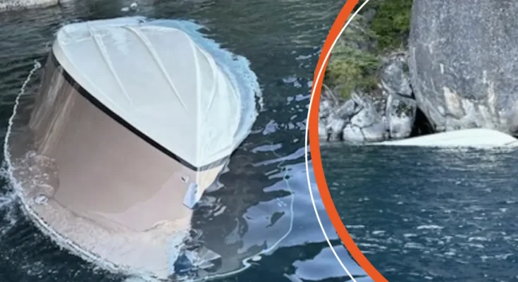 Overturned boat in open water | Same vessel near rocky shore | Source: YouTube/cbssacramento