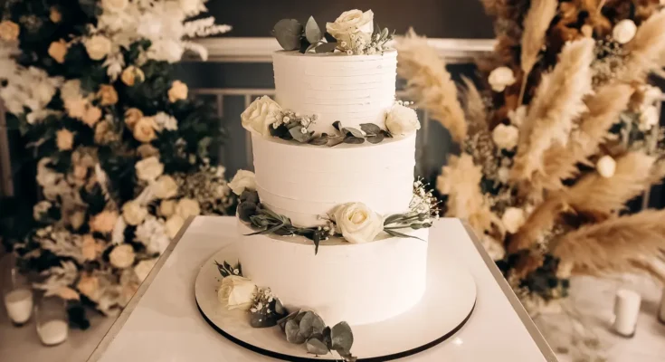 An elegant wedding cake topped with fresh roses and smooth buttercream | Source: Shutterstock