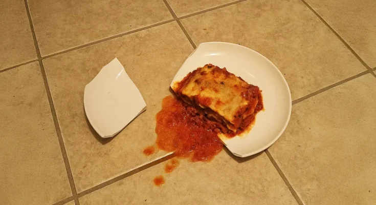 A broken plate lying on a tiled floor, with a serving of lasagna spilled and smeared beside it | Source: The Celebritist