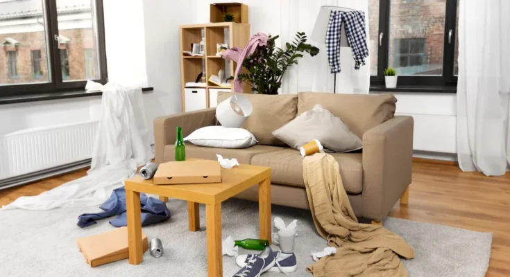 A messy living room with takeout boxes, clothes, and trash scattered around | Source: Shutterstock