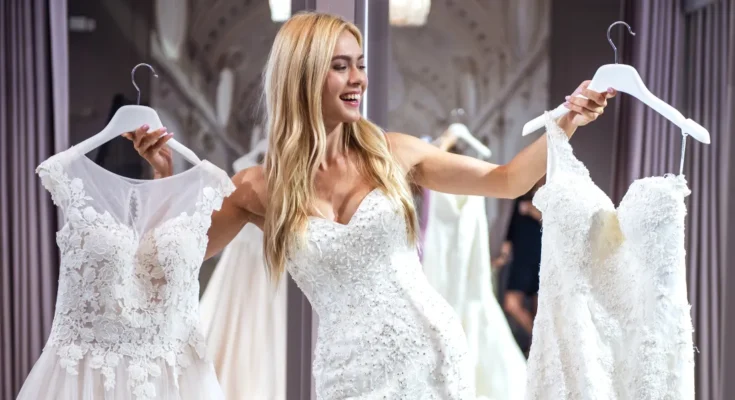 A woman holding white dresses | Source: Shutterstock