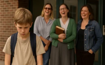 A sad kid walking with 3 teachers on the background | Source: Sora