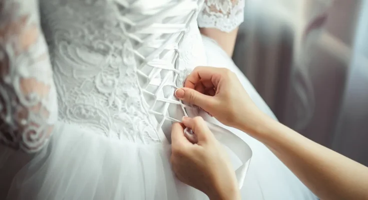 A bridesmaid making a knot on a bride's dress | Source: Shutterstock