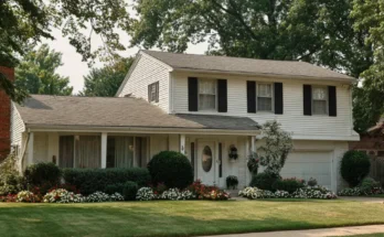 A suburban home with white siding, black shutters, and a lush front yard lined with colorful flowers | Source: The Celebritist