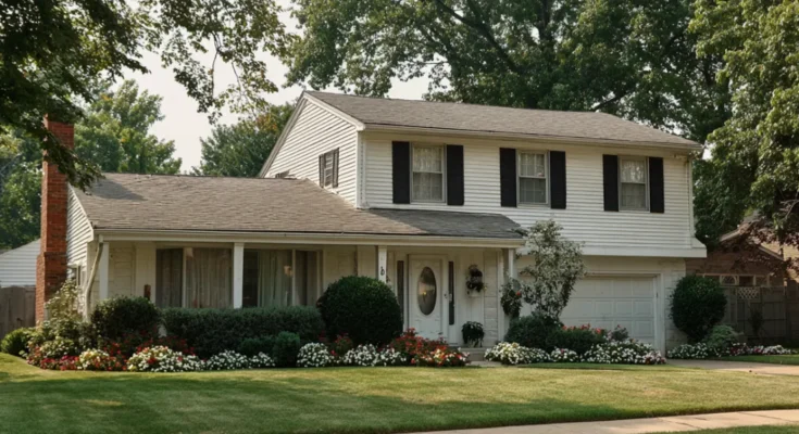 A suburban home with white siding, black shutters, and a lush front yard lined with colorful flowers | Source: The Celebritist