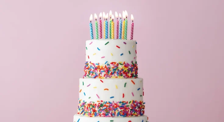 A three-tiered birthday cake with rainbow sprinkles and lit candles | Source: Shutterstock