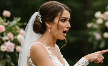 A shocked bride pointing at something | Source: Shutterstock