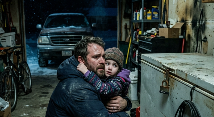 Father holds daughter in garage