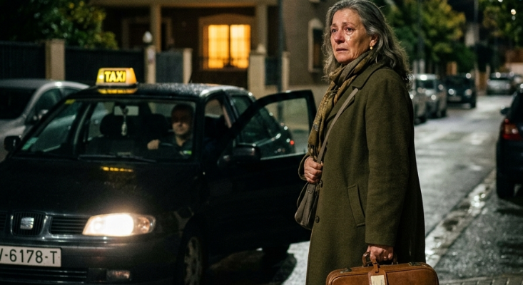 Woman leaving house at night