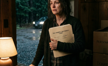 Widow holding document near door