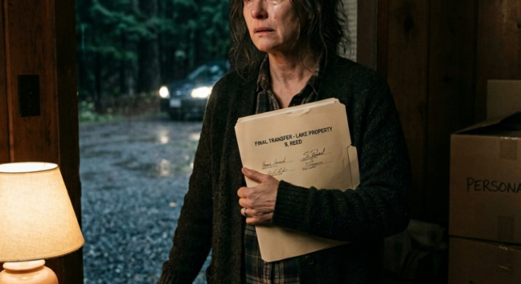 Widow holding document near door