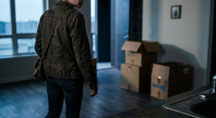 Woman leaving apartment with key