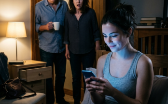 Woman on bed, parents in doorway…