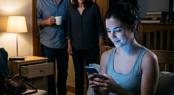 Woman on bed, parents in doorway…