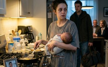 Mother holding baby in kitchen