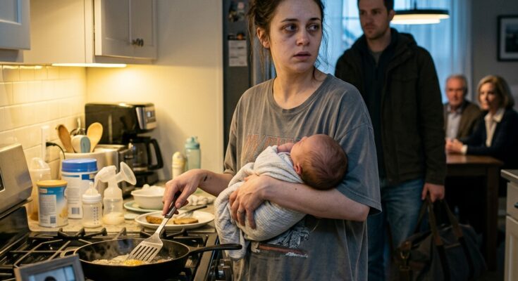 Mother holding baby in kitchen